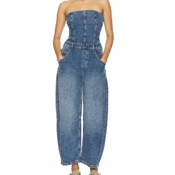 We The Free People Je Suis Pret Women's Jumpsuit Barrel Denim Jean Medium - Picture 1 of 14